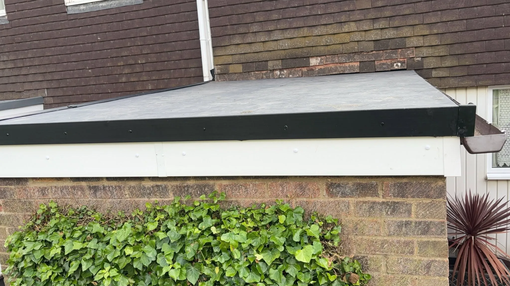 Flat roof with new black fascia and white soffit